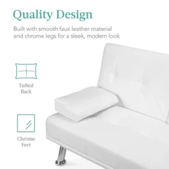 Best Choice Products Modern Faux Leather Convertible Futon Sofa W/ Removable Armrests, Metal Legs, 2 Cupholders - White -Furniture Series Store GUEST 9e717f59 c899 43a7 aa7c e998c6ba72ad