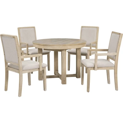 5 PCS Round Extendable Dining Table Set With Butterfly Leaf And 4 Upholstered Dining Armchairs-ModernLuxe 7 5 PCS Round Extendable Dining Table Set With Butterfly Leaf And 4 Upholstered Dining Armchairs-ModernLuxe - Image 7