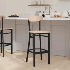 Emma And Oliver Industrial Barstool With Rolled Steel Frame And Solid Wood Seat - 500 Lbs. Static Weight Capacity