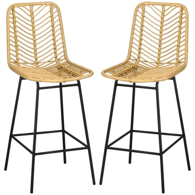 HOMCOM Modern Rattan Bar Stools Set Of 2, Breathable Steel-Base Wicker Counter Height Barstools For Kitchen Counter, Yellow 3 HOMCOM Modern Rattan Bar Stools Set Of 2, Breathable Steel-Base Wicker Counter Height Barstools For Kitchen Counter, Yellow - Image 3