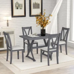 Mid-Century Wood 5-Piece Dining Table Set With 4 Upholstered Dining Chairs-ModernLuxe -Furniture Series Store GUEST ab7e1f01 d123 445f bef4 37ca03110ca7
