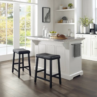 Julia Stainless Steel Top Kitchen Island With 2 Upholstered Saddle Counter Height Barstools White - Crosley 2 Julia Stainless Steel Top Kitchen Island With 2 Upholstered Saddle Counter Height Barstools White - Crosley - Image 2