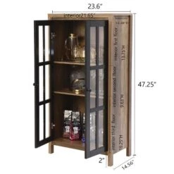 LuxenHome Natural Wood Glass Doors 47.25" H Accent Curio Storage Cabinet. -Furniture Series Store GUEST b96ce1b1 b37c 4625 866a 3cbb68cc1be9