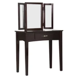 Wooden Vanity Table With 3 Panel Mirror And Padded Stool Brown - Benzara