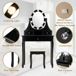 Costway Bedroom Vanity Set Makeup Dressing Table W/3 Drawers 10 LED Bulb Black -Furniture Series Store GUEST bb59c28e 65a9 43c3 9273 0be105942c37