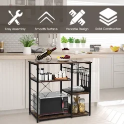Costway Industrial Kitchen Baker's Rack Microwave Stand Utility Storage Shelf W/ 6 Hooks Steel Black -Furniture Series Store GUEST bc357fce 1955 4b57 8547 00224f3d8f9d