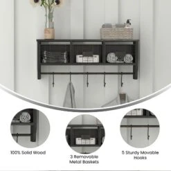 Emma And Oliver Rustic Country Wall Mounted Shelf With 5 Adjustable Sliding Hooks And Three Wire Storage Baskets 17 Emma And Oliver Rustic Country Wall Mounted Shelf With 5 Adjustable Sliding Hooks And Three Wire Storage Baskets -Furniture Series Store GUEST bc3f8ae2 be25 4834 ab5b bb746a74dc15