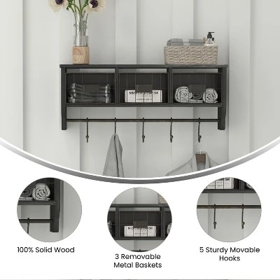 Emma And Oliver Rustic Country Wall Mounted Shelf With 5 Adjustable Sliding Hooks And Three Wire Storage Baskets 5 Emma And Oliver Rustic Country Wall Mounted Shelf With 5 Adjustable Sliding Hooks And Three Wire Storage Baskets - Image 5