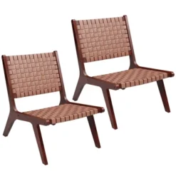 Costway Woven Leather Accent Chair Mid Century Rubber Wood Armless Side Chair -Furniture Series Store GUEST bd9ff540 8ea0 47e1 93ac 6ad636aa77c3