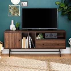 Modern Vinyl Record Player Storage TV Stand For TVs Up To 65" Dark Walnut - Saracina Home -Furniture Series Store GUEST c245122e dd5d 4d54 a0cb 38407b4e1d66