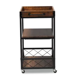 Capri Oak And Finished Mobile Metal Bar Cart With Stemware Rack Brown - Baxton Studio -Furniture Series Store GUEST c2483d77 0901 4108 a668 3d5532909de7