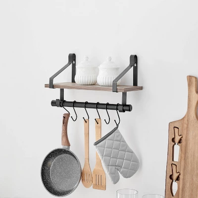 6 Hook Amelia Wall Shelf With Hanging Rod Black/Rustic - Danya B. 1 6 Hook Amelia Wall Shelf With Hanging Rod Black/Rustic - Danya B.