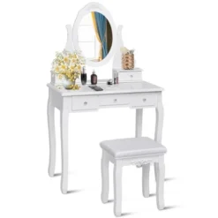 Costway Bedroom Wooden Mirrored Makeup Vanity Set Stool Table Set White 5 Drawers -Furniture Series Store GUEST ca03e438 4e38 4409 a883 e28510562ced
