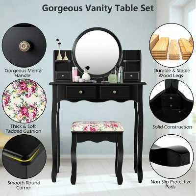 Tangkula Vanity Table Set W/Detachable Mirror & Stool Black/White 9 Tangkula Vanity Table Set W/Detachable Mirror & Stool Black/White - Image 9