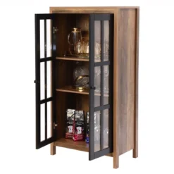 LuxenHome Natural Wood Glass Doors 47.25" H Accent Curio Storage Cabinet. -Furniture Series Store GUEST cfee1f19 b665 4c3b ae7a 33dc3058223e