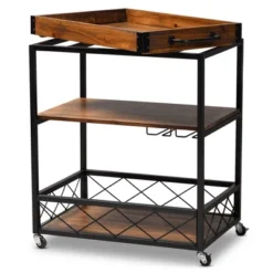 Capri Oak And Finished Mobile Metal Bar Cart With Stemware Rack Brown - Baxton Studio -Furniture Series Store GUEST d0723d84 efec 450f 86c9 f51bf287c67e