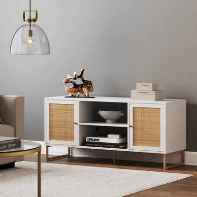 47" Mina Rattan And Wood 2 Door TV Cabinet For TVs Up To 59" White/Gold - Nathan James 2 47" Mina Rattan And Wood 2 Door TV Cabinet For TVs Up To 59" White/Gold - Nathan James - Image 2