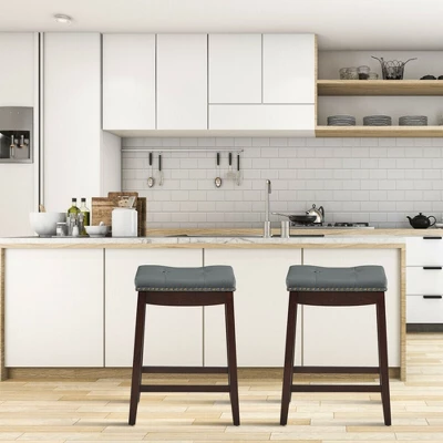 Costway Set Of 2 Nailhead Saddle Bar Stools 24'' Counter Stools Brown/White With Grey Cushion 2 Costway Set Of 2 Nailhead Saddle Bar Stools 24'' Counter Stools Brown/White With Grey Cushion - Image 2