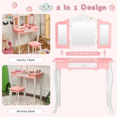Costway Kids Vanity Princess Makeup Dressing Table Chair Set W/ Tri-folding Mirror 4 Costway Kids Vanity Princess Makeup Dressing Table Chair Set W/ Tri-folding Mirror - Image 4