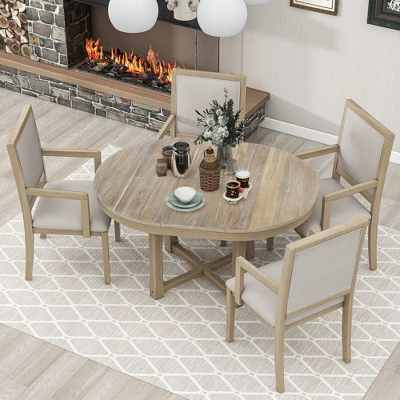 5 PCS Round Extendable Dining Table Set With Butterfly Leaf And 4 Upholstered Dining Armchairs-ModernLuxe 1 5 PCS Round Extendable Dining Table Set With Butterfly Leaf And 4 Upholstered Dining Armchairs-ModernLuxe