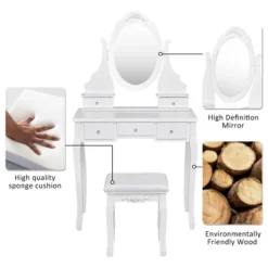 Costway Bedroom Wooden Mirrored Makeup Vanity Set Stool Table Set White 5 Drawers -Furniture Series Store GUEST f24f0a59 af3a 49bb 94ec 2ac556e30284