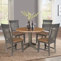 42" Round Dual Drop Leaf Dining Table With 4 Slat Back Chairs Hickory/Washed Coal - International Concepts