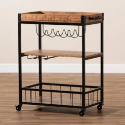 Cerne Oak And Finished Mobile Metal Bar Cart With Wine Bottle Rack Brown - Baxton Studio -Furniture Series Store GUEST fa213c69 b13a 4c71 a88c 61c1a5369f43