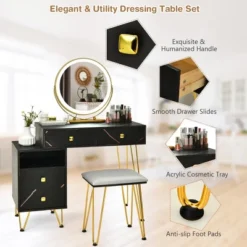 Costway Vanity Table Stool Set Dimmer LED Mirror Large Storage Cabinet Drawer Walnut BlackBrownWhite -Furniture Series Store GUEST faa2c5e9 3f12 408f 9652 b7523a97645a