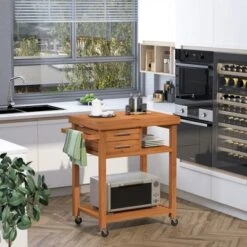 HOMCOM Bamboo Kitchen Island Cart On Wheels, Utility Trolley Cart With 2 Storage Drawers And Open Shelves, Natural