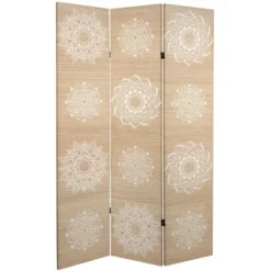 6" Double Sided Mandala On Birch Canvas Room Divider Beige - Oriental Furniture