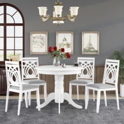 Mid-Century 5-Piece Extendable Round Dining Table Set White-ModernLuxe